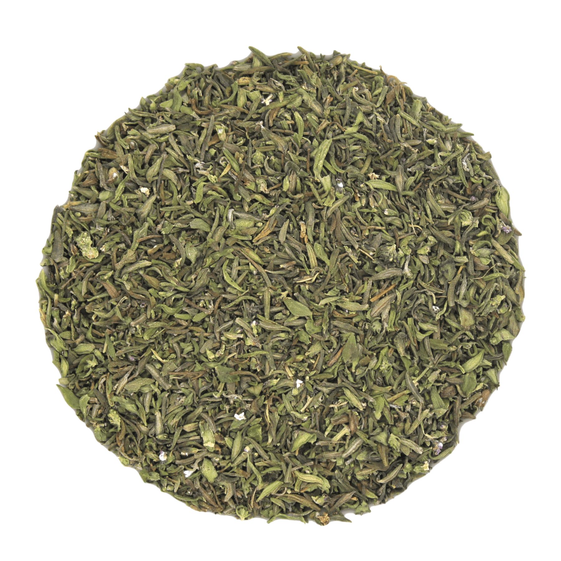 Kreisförmige Anordnung getrockneter Kräuter. Grüne Blätter und Stängel, Detailaufnahme. Hintergrund weiß.