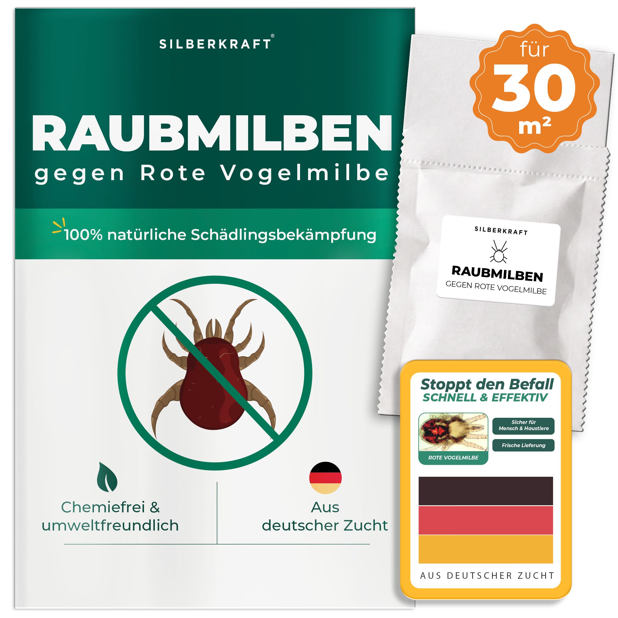 Verpackung und Beutel für Raubmilben gegen rote Vogelmilben, 100% natürliche Schädlingsbekämpfung, chemiefrei & umweltfreundlich.