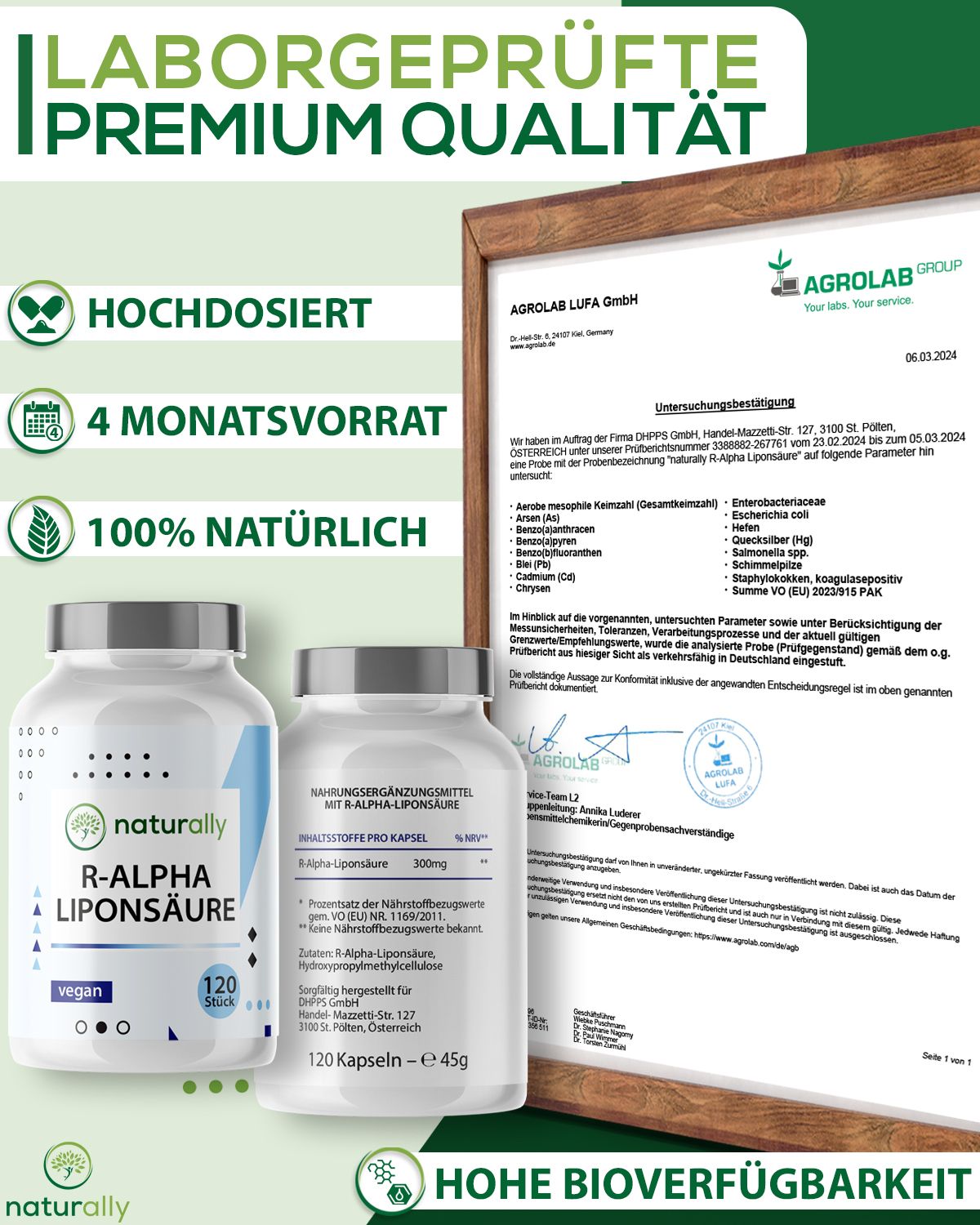 Zwei Flaschen "naturally R-Alpha Liponsäure" und Laborzertifikat. Text: hochdosiert, 4 Monatsvorrat, 100% natürlich, hohe Bioverfügbarkeit.