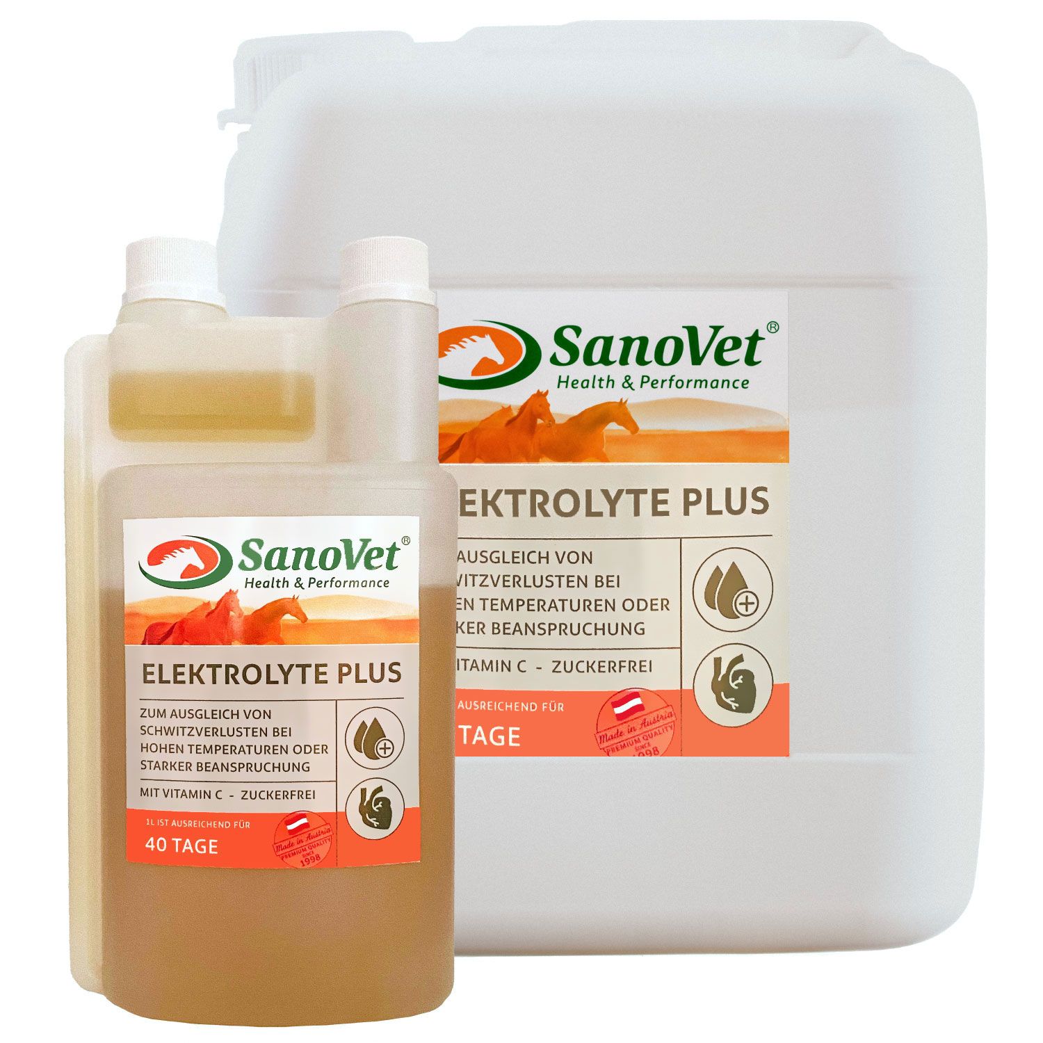 Mehrere Behälter SanoVet Elektrolyte Plus. Aufschrift: Elektrolyte Plus, Ausgleich von Schwitzverlusten, Vitamin C. 40 Tage.
