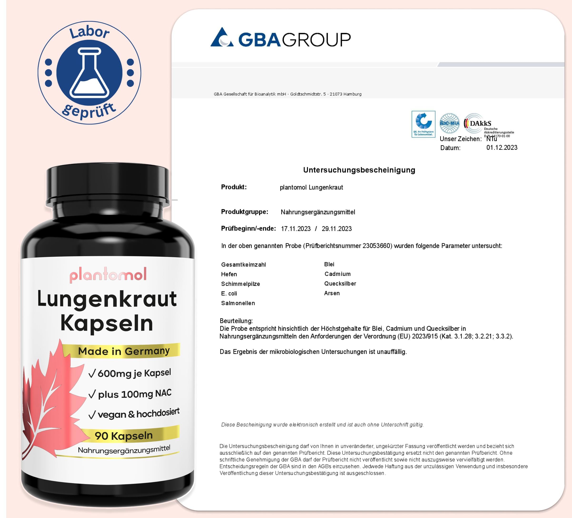 Schwarze Flasche mit Etikett. Aufschrift: plantomol Lungenkraut Kapseln. Enthält 90 Kapseln. Made in Germany. Labor geprüft. Zertifikat der GBA Group.