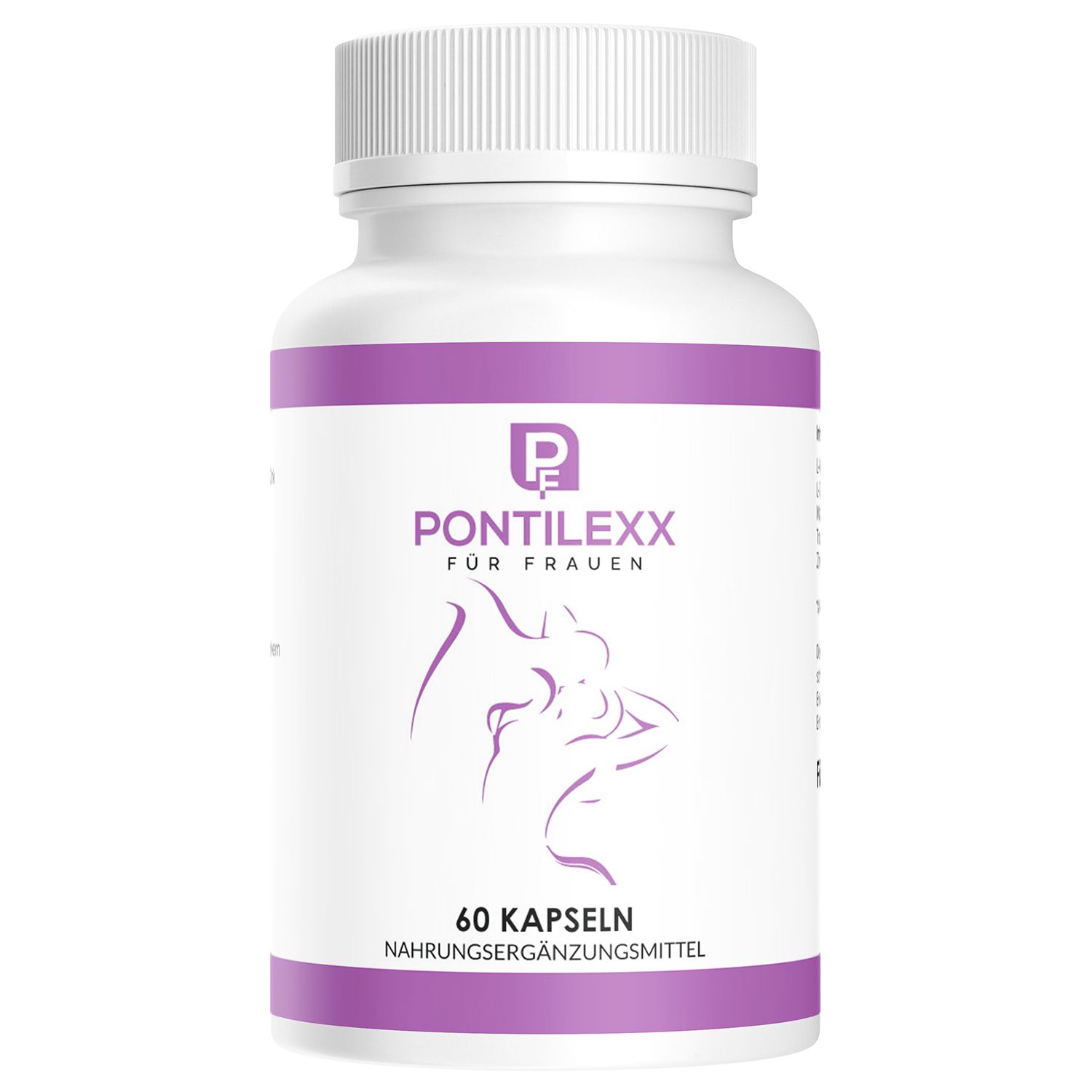 Weiße Flasche mit lila Etikett. Aufschrift: PF | Pontilexx für Frauen. Enthält 60 Kapseln. Illustration einer Frau.