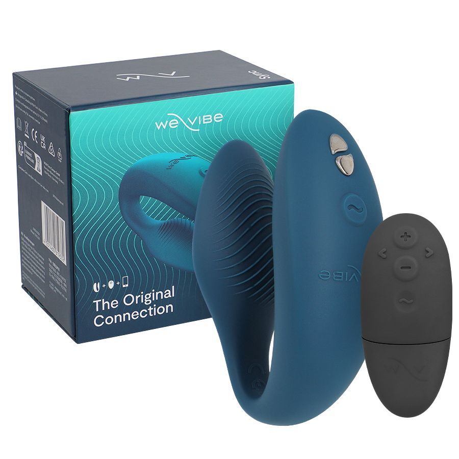 Blauer Paarabschwingungs-Vibrator mit Fernbedienung und Verpackung. Das Gerät hat eine geschwungene Form mit Rillen.