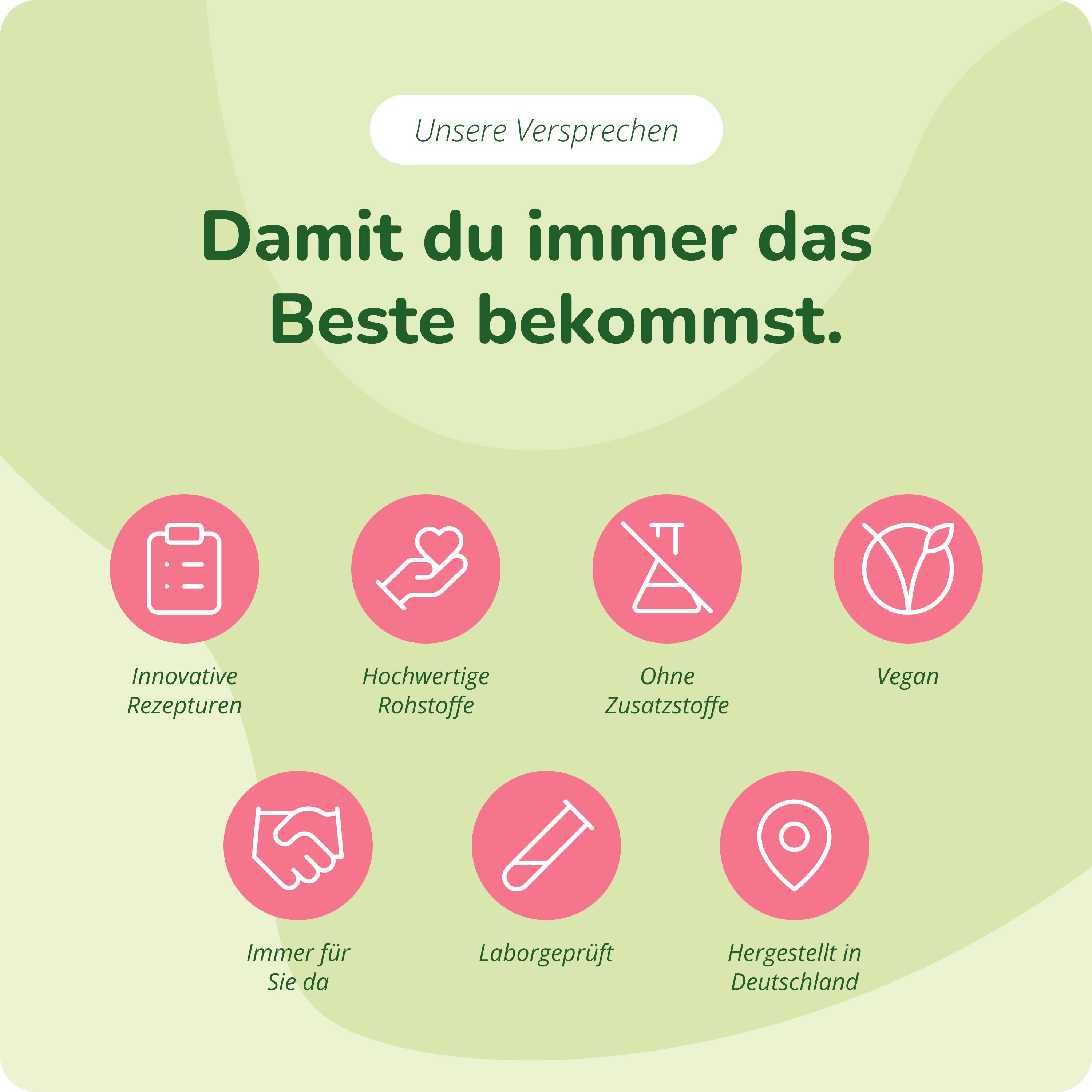 Vegavita Versprechen: Innovative Rezepturen, hochwertige Rohstoffe, ohne Zusatzstoffe, vegan, immer für Sie da, laborgeprüft, hergestellt in Deutschland.