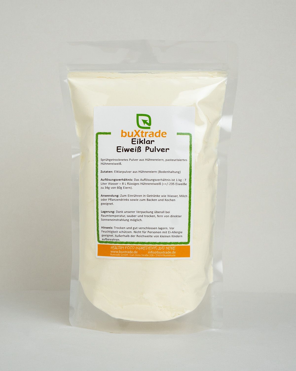 Verpackung mit buXtrade Eiweiß Pulver, sprühgetrocknetes Eiweiß aus Hühnereiern.