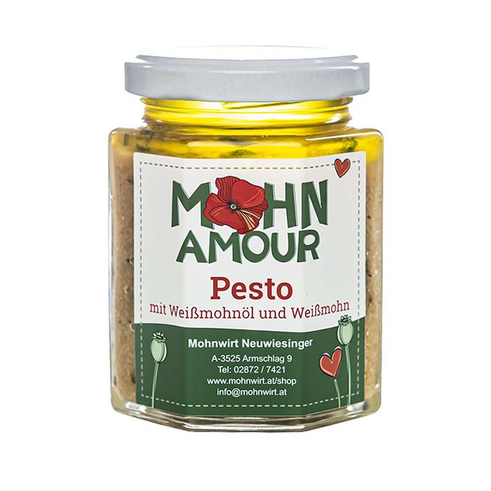 Glas Mohn Amour Pesto mit Weißmohnöl und Weißmohn. Hersteller: Mohnwirt Neuwiesinger.