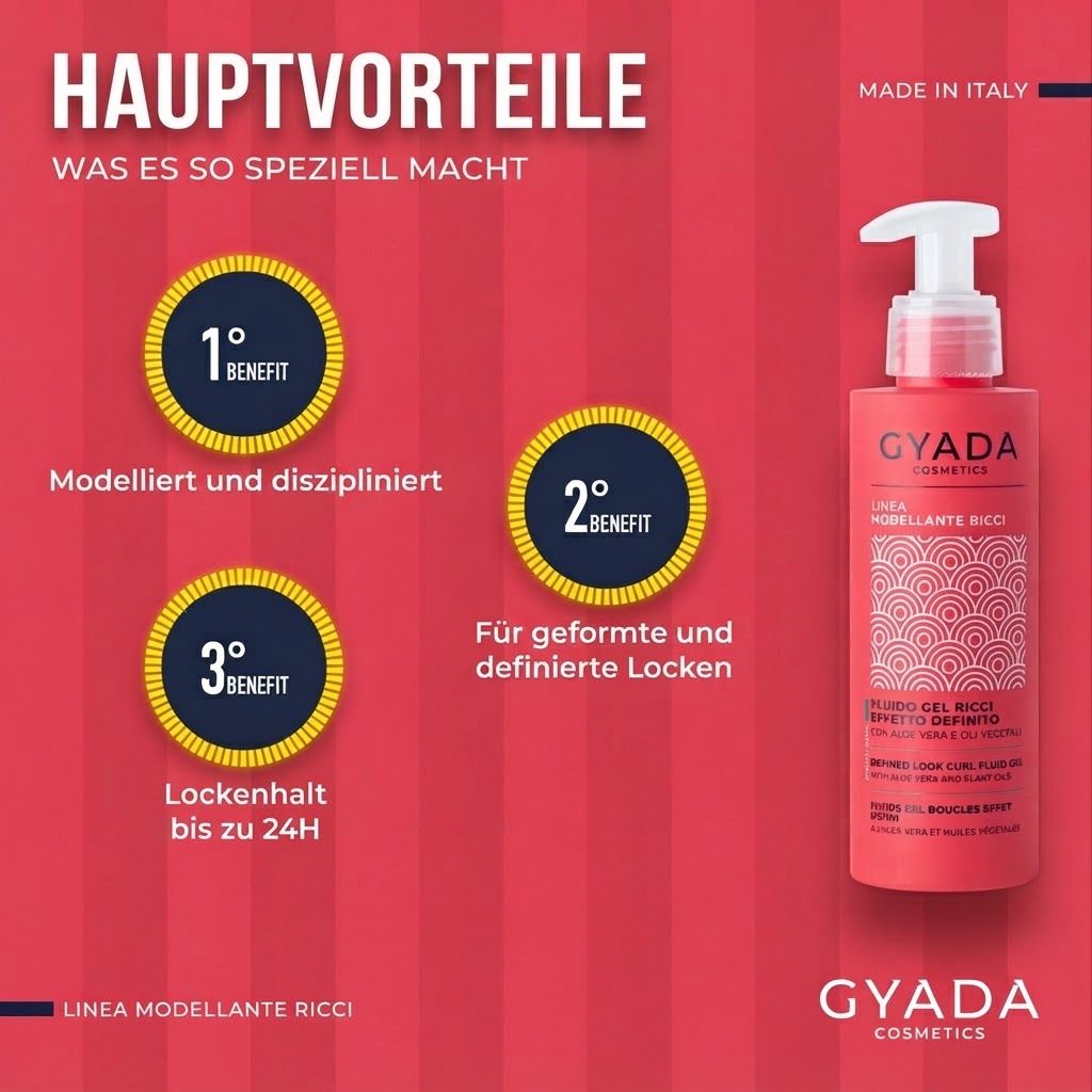 Rote Flasche GYADA COSMETICS mit Hauptvorteilen für Locken.