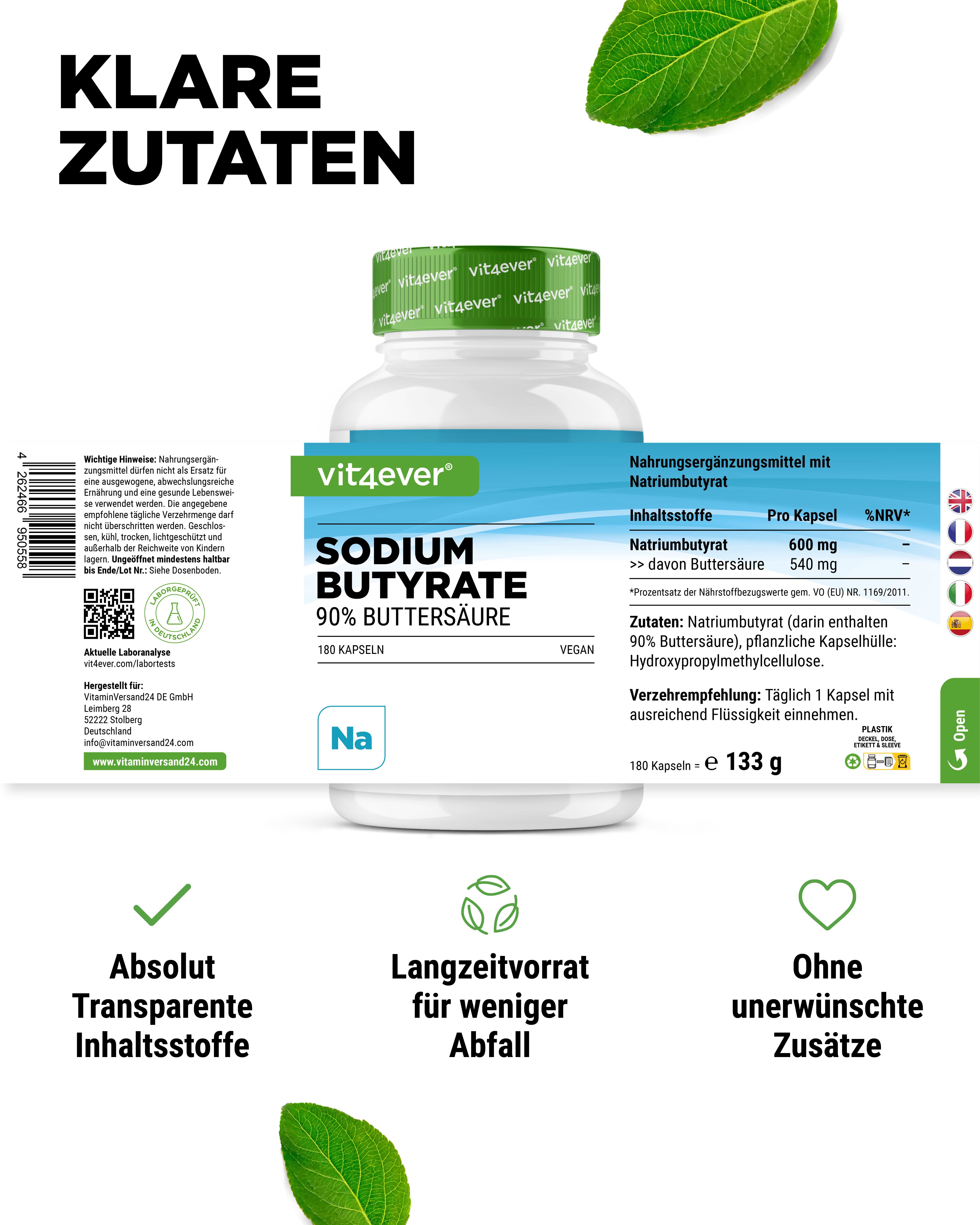 Produktflasche mit Text: Sodium Butyrate 90% Buttersäure, 180 Kapseln, vegan. Marke: vit4ever. Icons: transparente Inhaltsstoffe, Langzeitvorrat, ohne Zusätze.