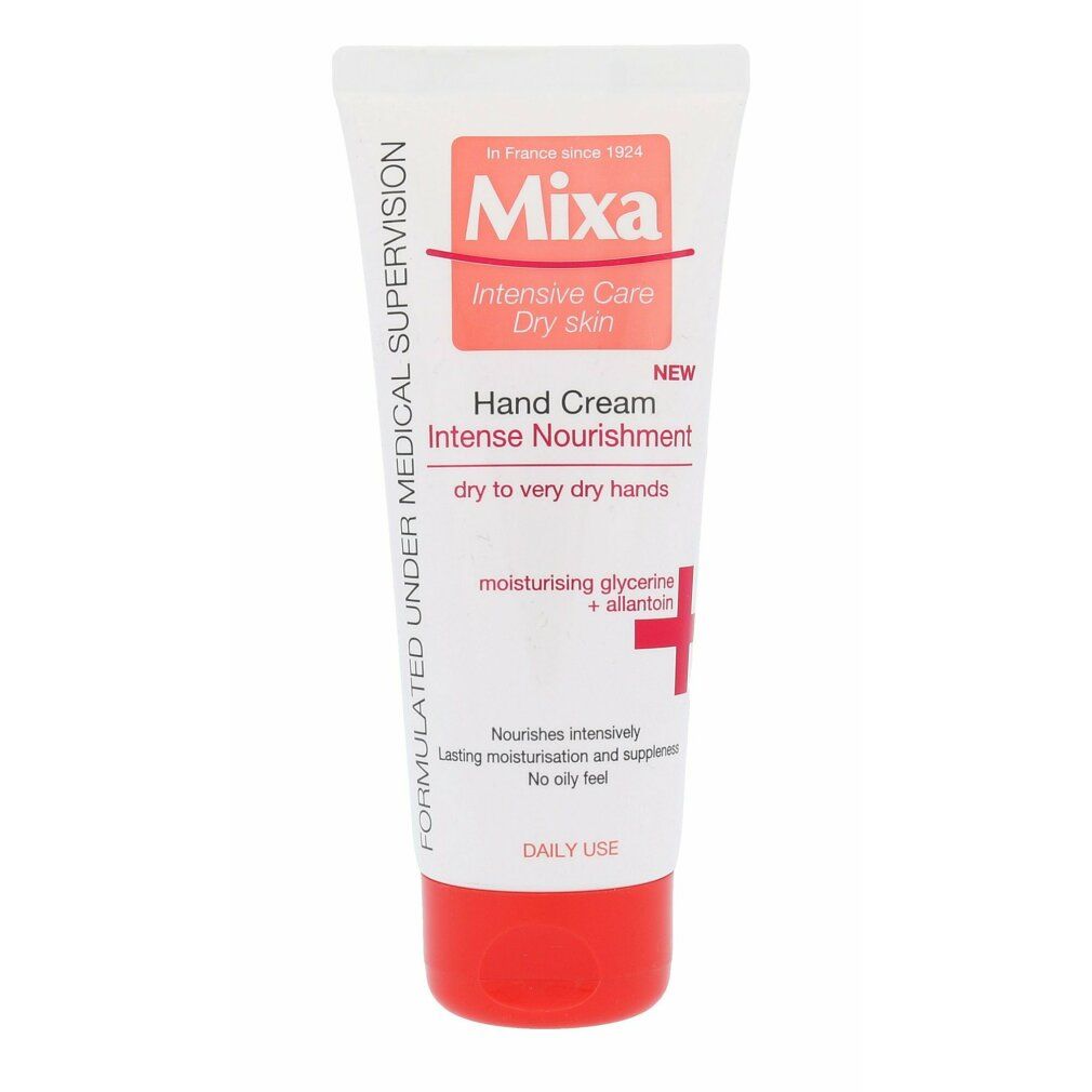 Handcreme-Tube mit Mixa-Logo. Roter Verschluss. Text: Intensive Care, Dry Skin, Hand Cream, Intense Nourishment, dry to very dry hands.