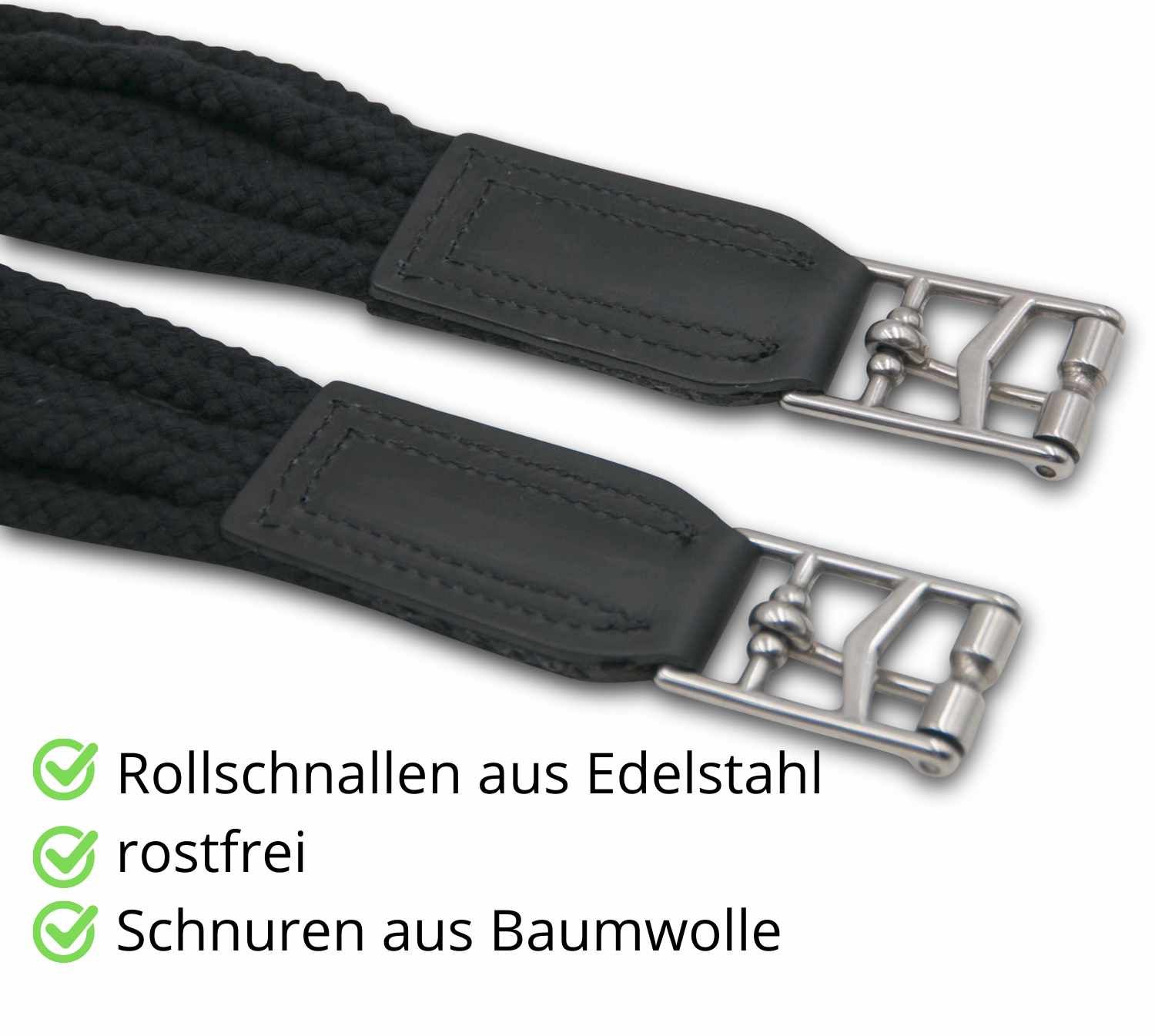 Schwarzer Schnurengurt mit Metallschnallen. Text: Rollschnallen aus Edelstahl, rostfrei, Schnüre aus Baumwolle.
