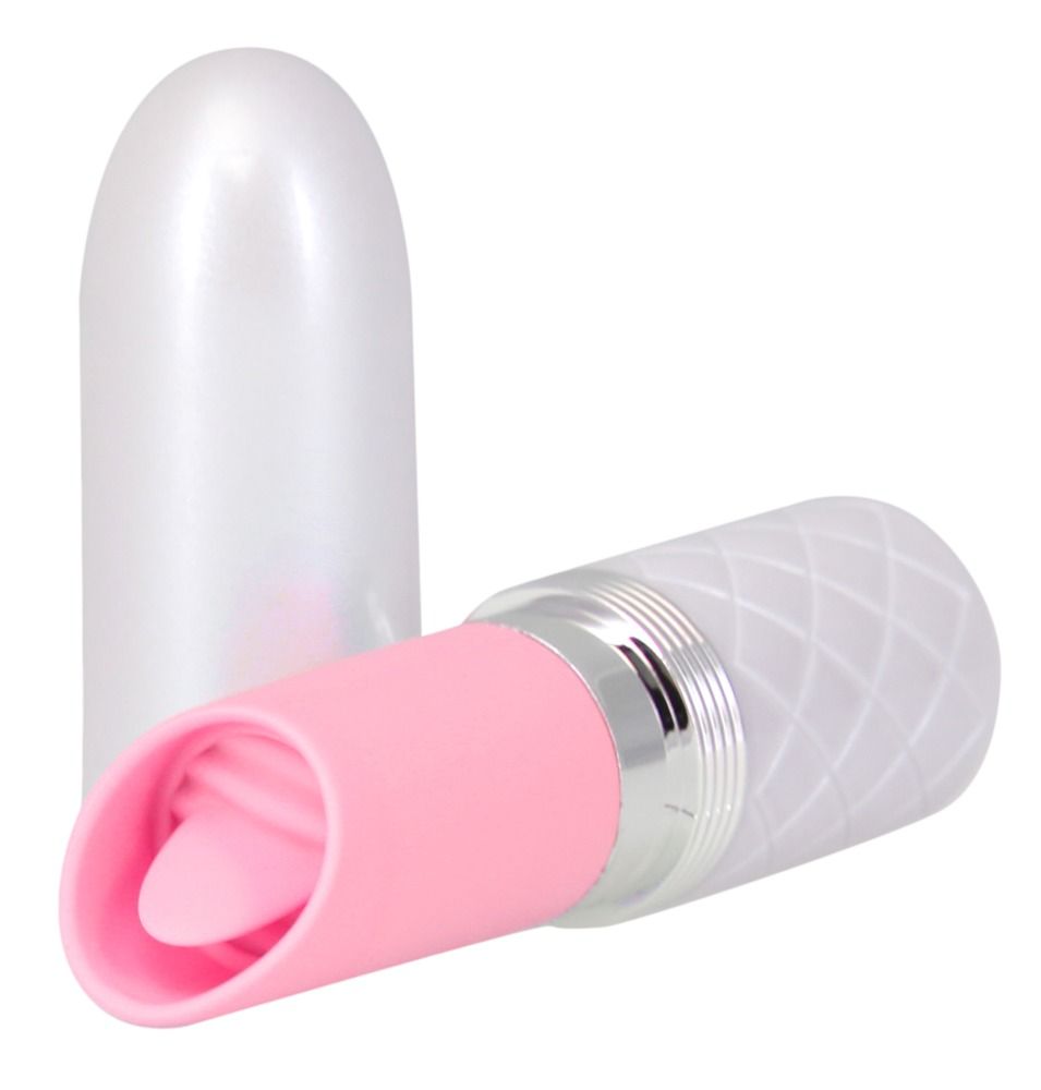 Lippenstift-Vibrator mit abnehmbarer Kappe, weiß und rosa.