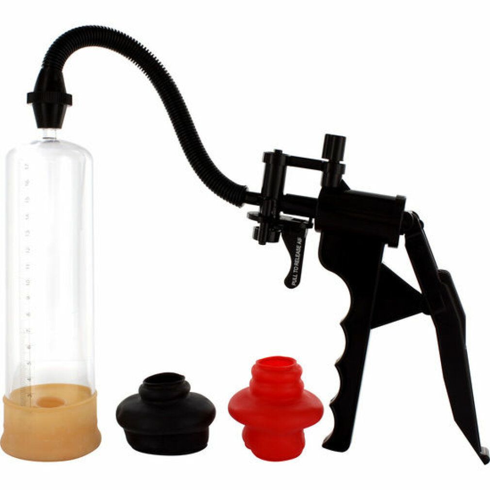 Pumpe mit transparentem Zylinder, schwarzem Griff, Schlauch und drei farbigen Manschetten. Schwarze und rote Manschetten.