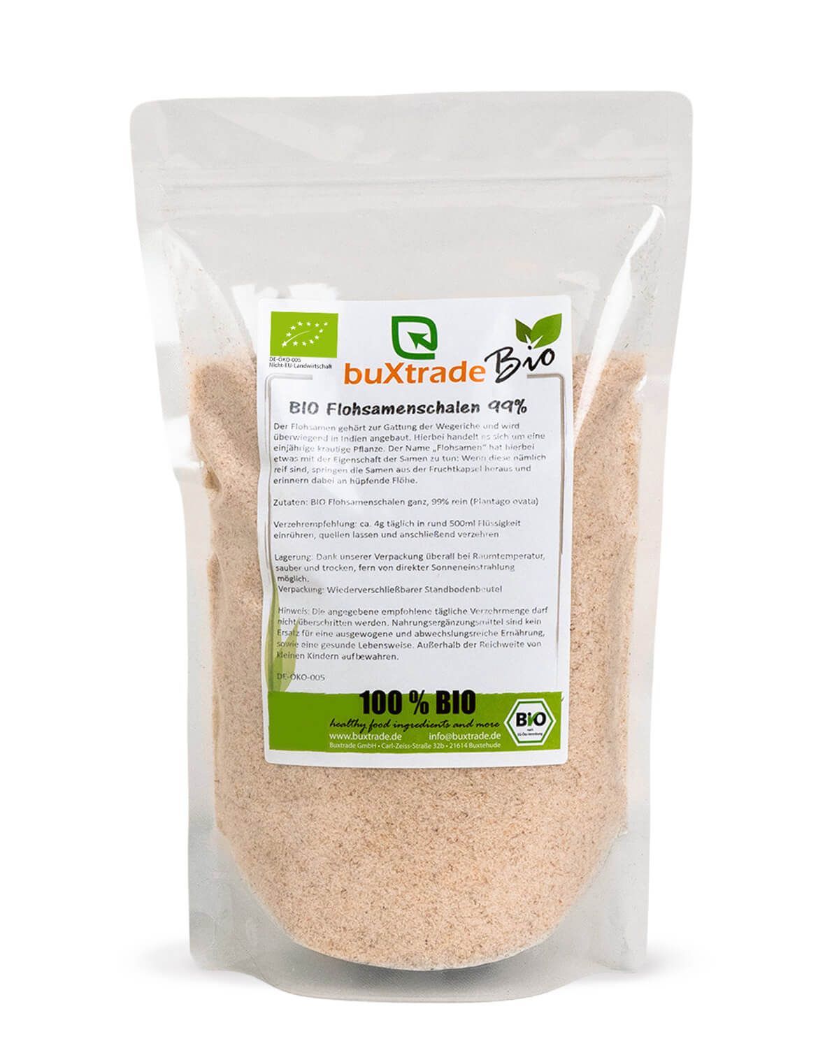 Verpackung mit buXtrade Bio Flohsamenschalen 99% Reinheit, 100% BIO Siegel.