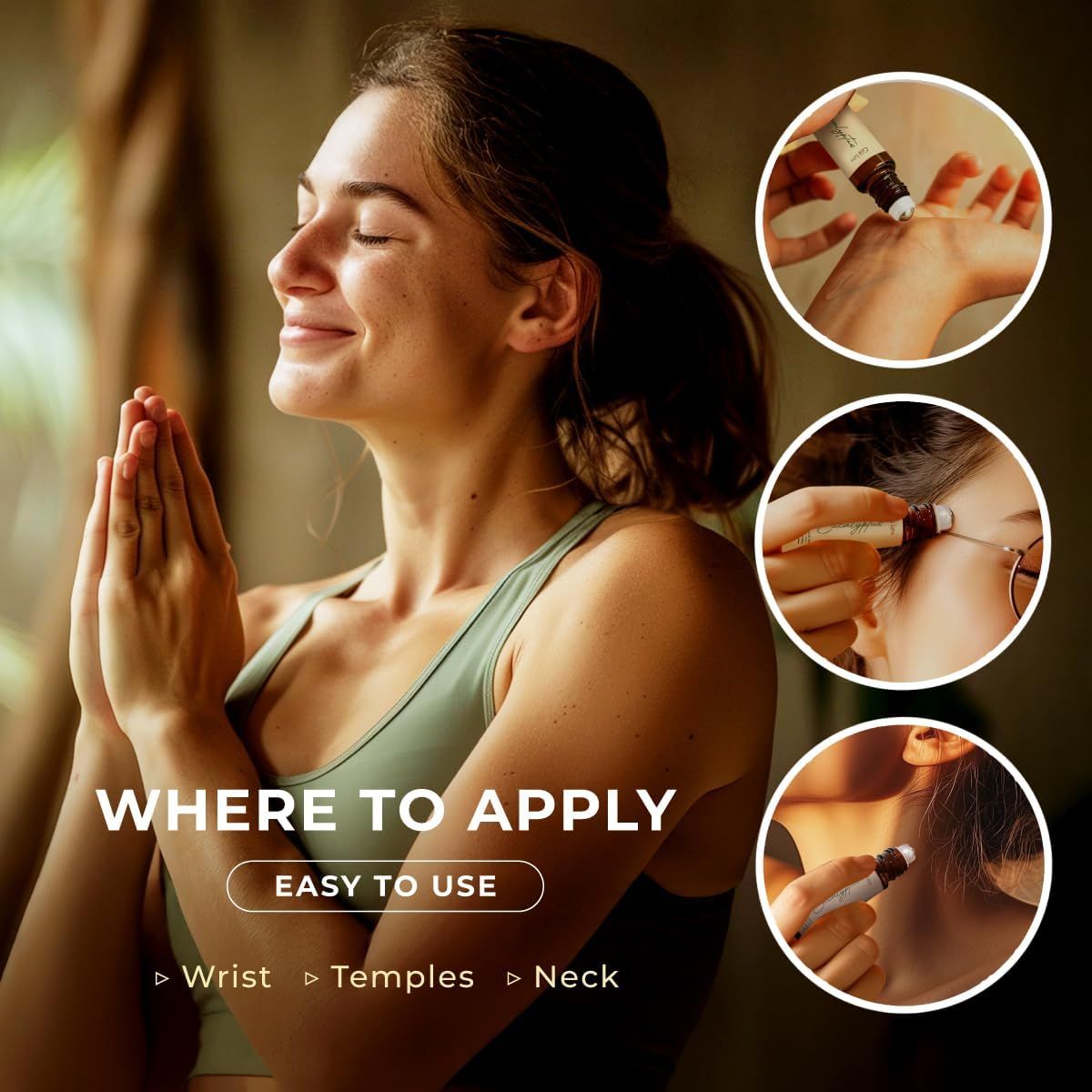 Frau meditiert, drei Kreise zeigen Anwendung: Handgelenk, Schläfe, Nacken. Text: "Where to Apply".