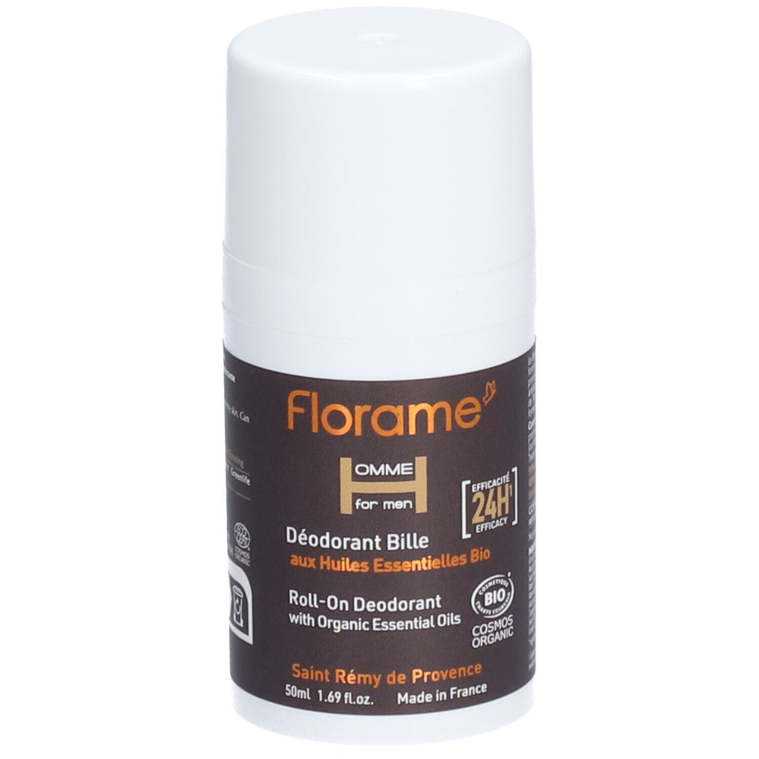 Roll-on-Deo für Männer. Weißer Behälter mit braunem Etikett. Text: Florame, HOMME, 24h, Bio-Zertifizierung.