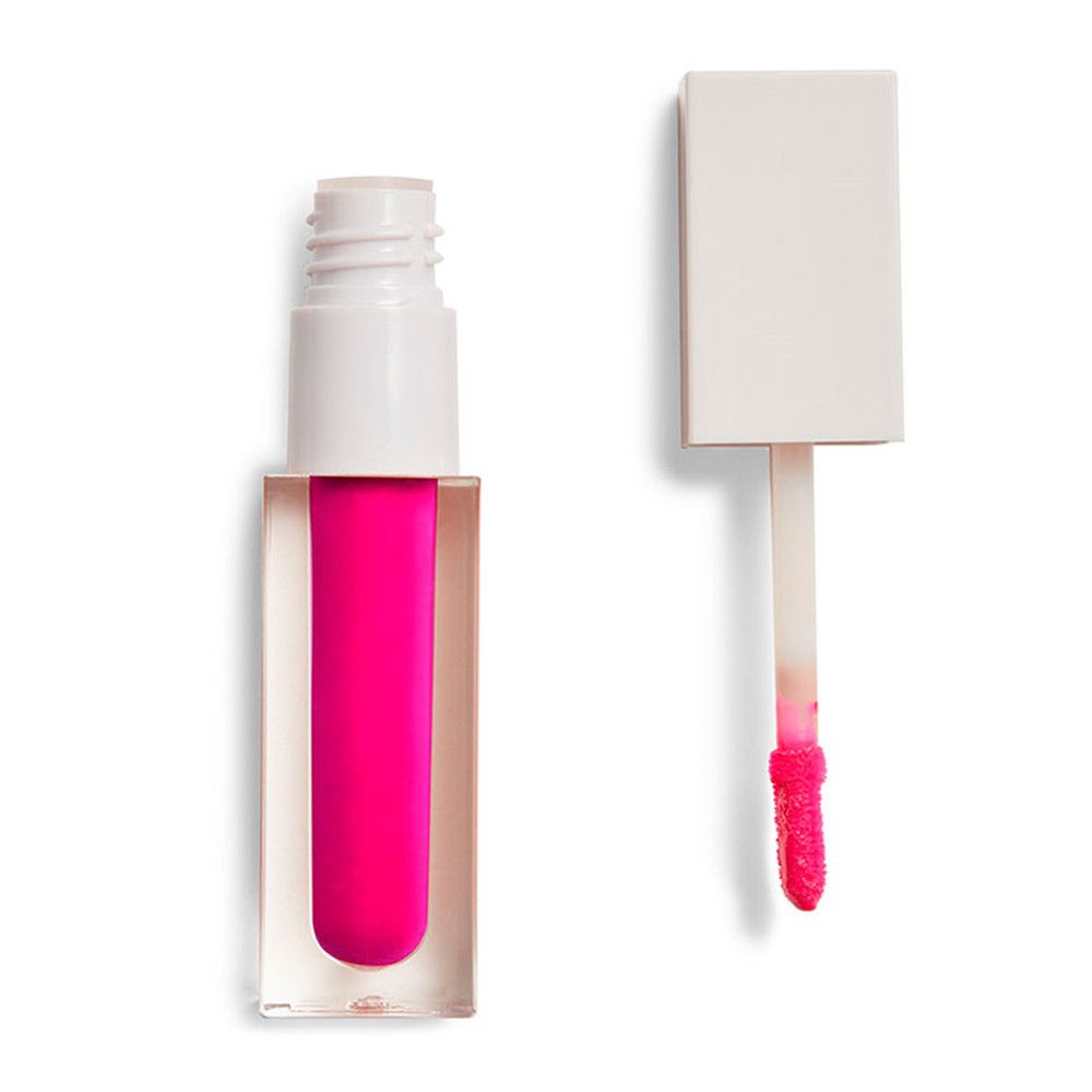 Lipgloss-Flakon, transparent, mit pinkfarbenem Inhalt. Deckel und Applikator liegen daneben.