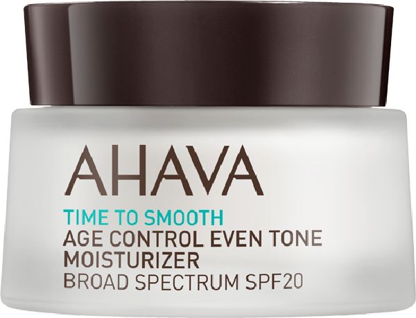 AHAVA Age Control Even Tone Moisturizer mit LSF20 in einem weißen Tiegel mit braunem Deckel.