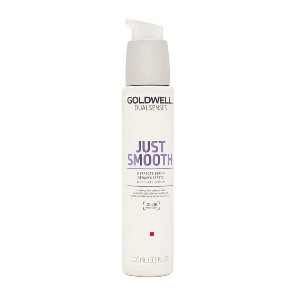 Goldwell Dualsenses Just Smooth Serum. Weiße Flasche mit silbernem Pumpkopf. Produktname und Logo deutlich sichtbar.