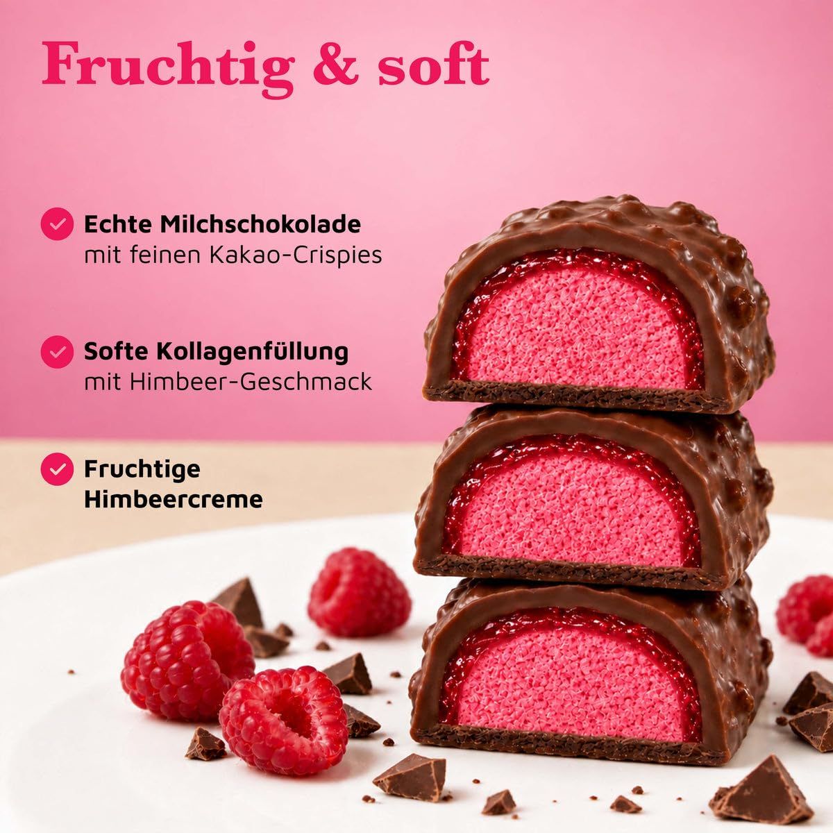 Verpackung mit Gloura Beauty Collagen Bars Himbeere. Enthält 6 Riegel, jeder mit 6g Kollagen. Ohne Zuckerzusatz, glutenfrei.
