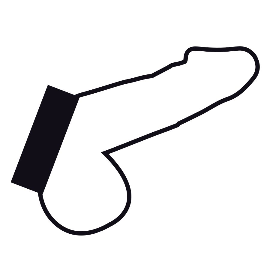 Stilisierte Darstellung eines Penis mit einem schwarzen Band am Ansatz. Konturlinien in Schwarz auf weißem Hintergrund.