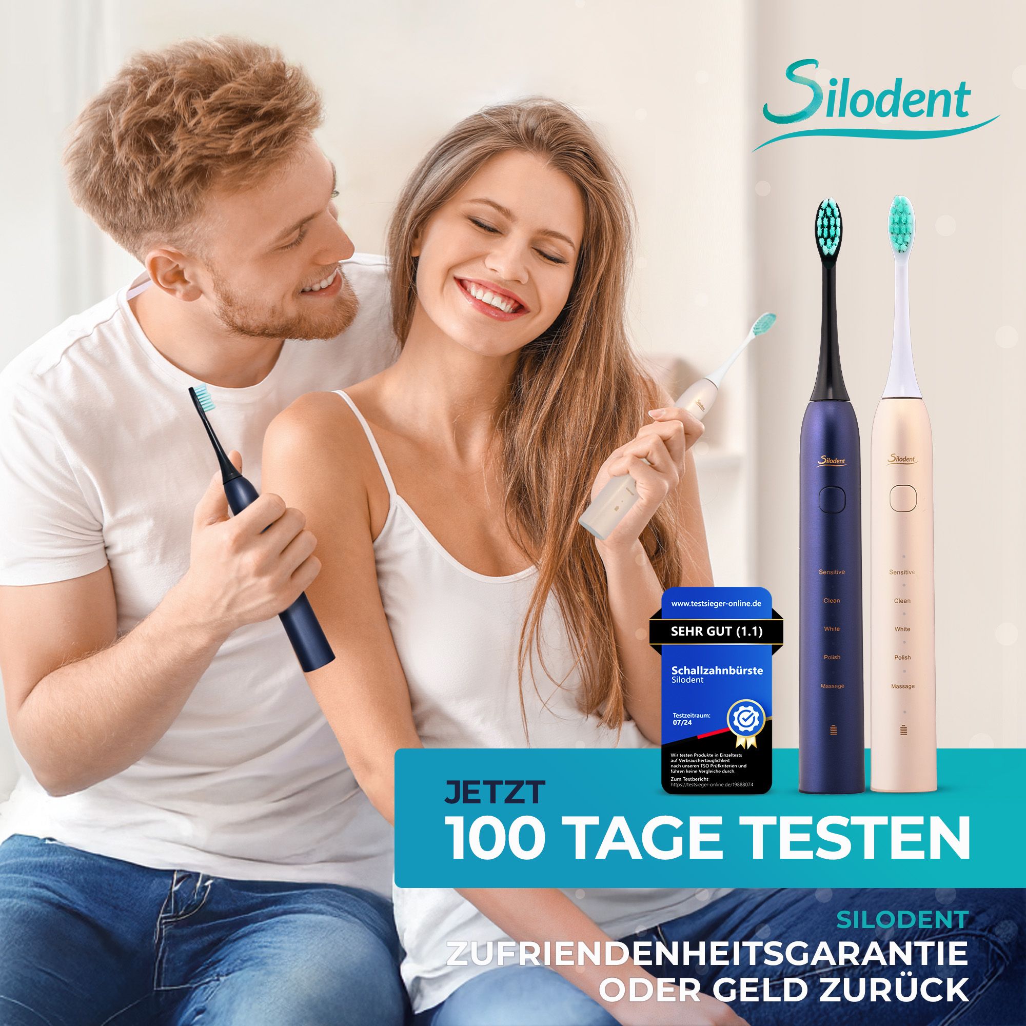 Silodent Schallzahnbürste Champagne mit antiseptischen Borsten und fünf Programmen