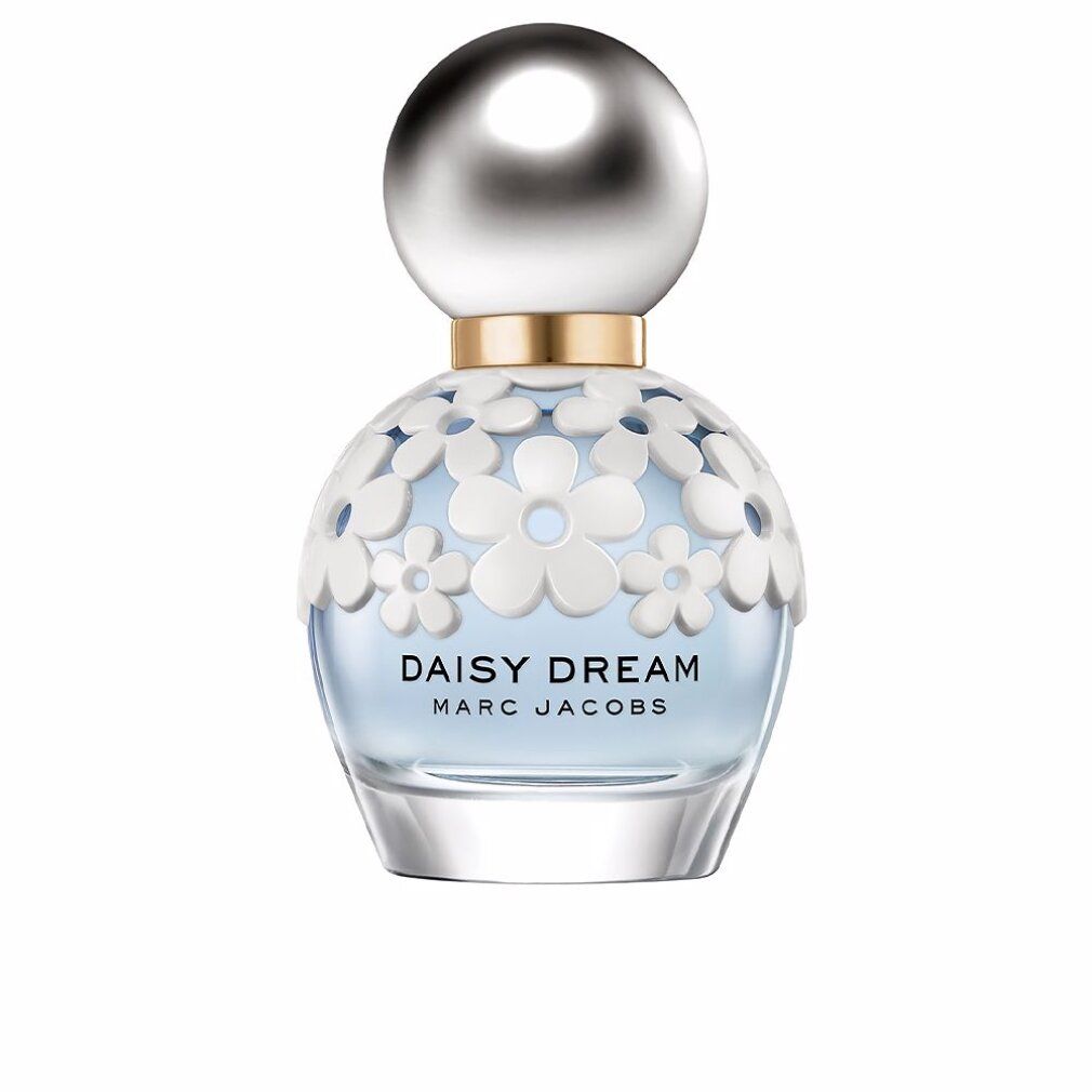 Runder Flakon mit silbernem Deckel und weißen Blüten. Aufschrift: DAISY DREAM MARC JACOBS.