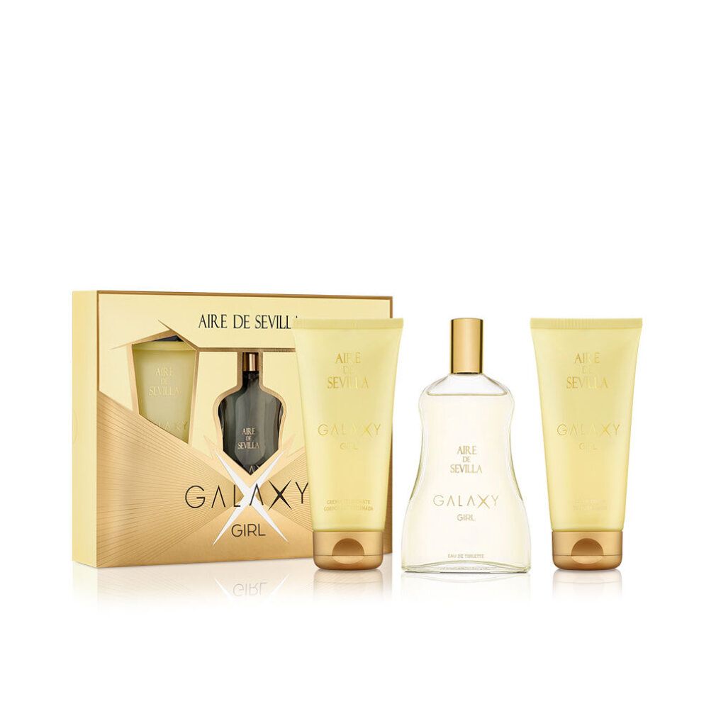 Geschenkset mit Flakon und zwei Tuben. Goldfarbene Verpackung mit Produktnamen. "Aire de Sevilla Galaxy Girl" Schriftzug.