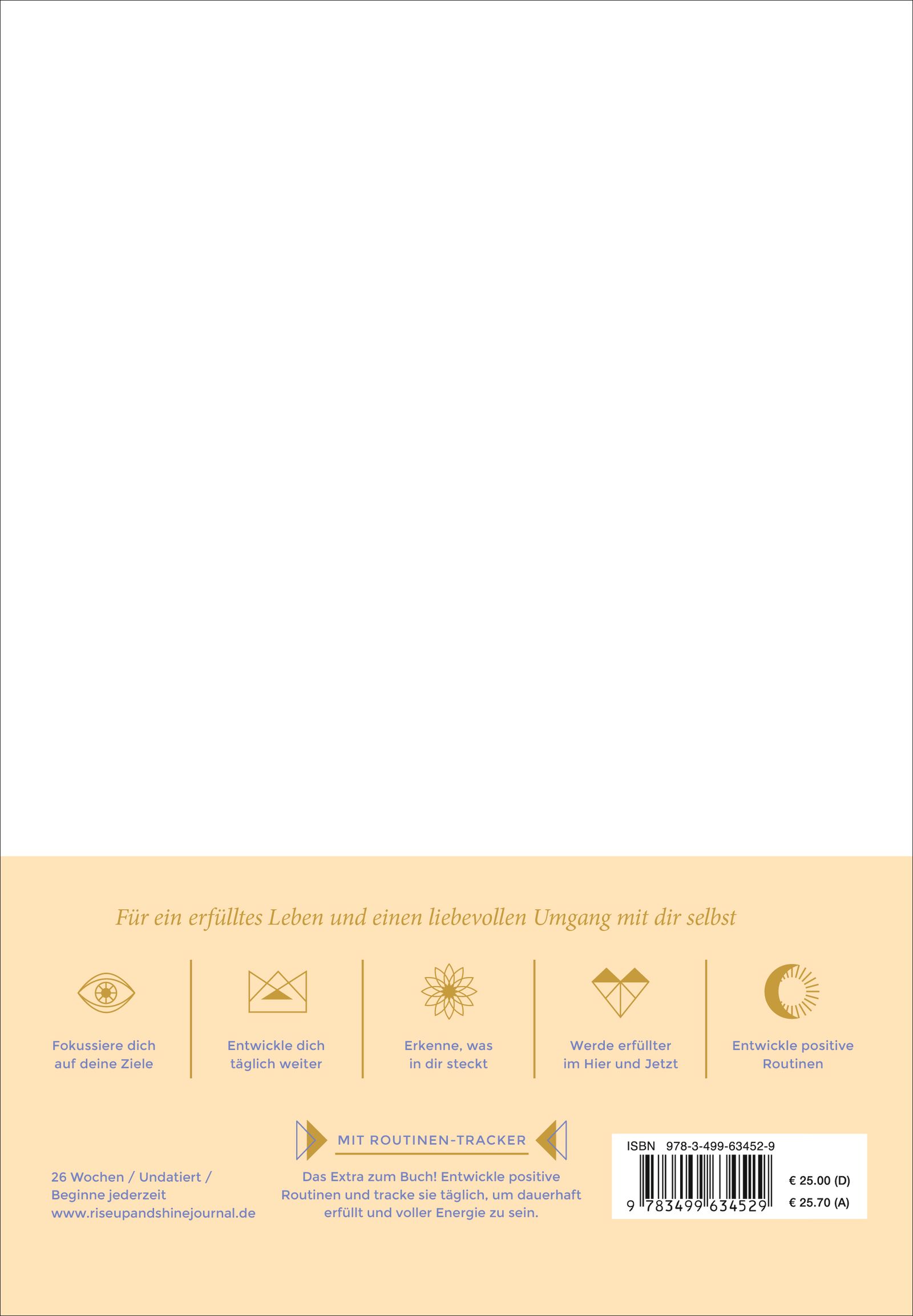 Rückseite des Journals "Rise Up & Shine". Text und Symbole in Gold und Schwarz auf beigem Hintergrund.