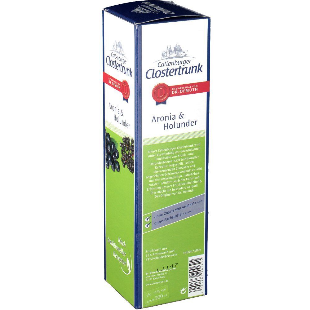 Karton mit Aufdruck. "Clostertrunk Aronia & Holunder" mit Abbildung von Aronia-Beeren. Text in Deutsch.