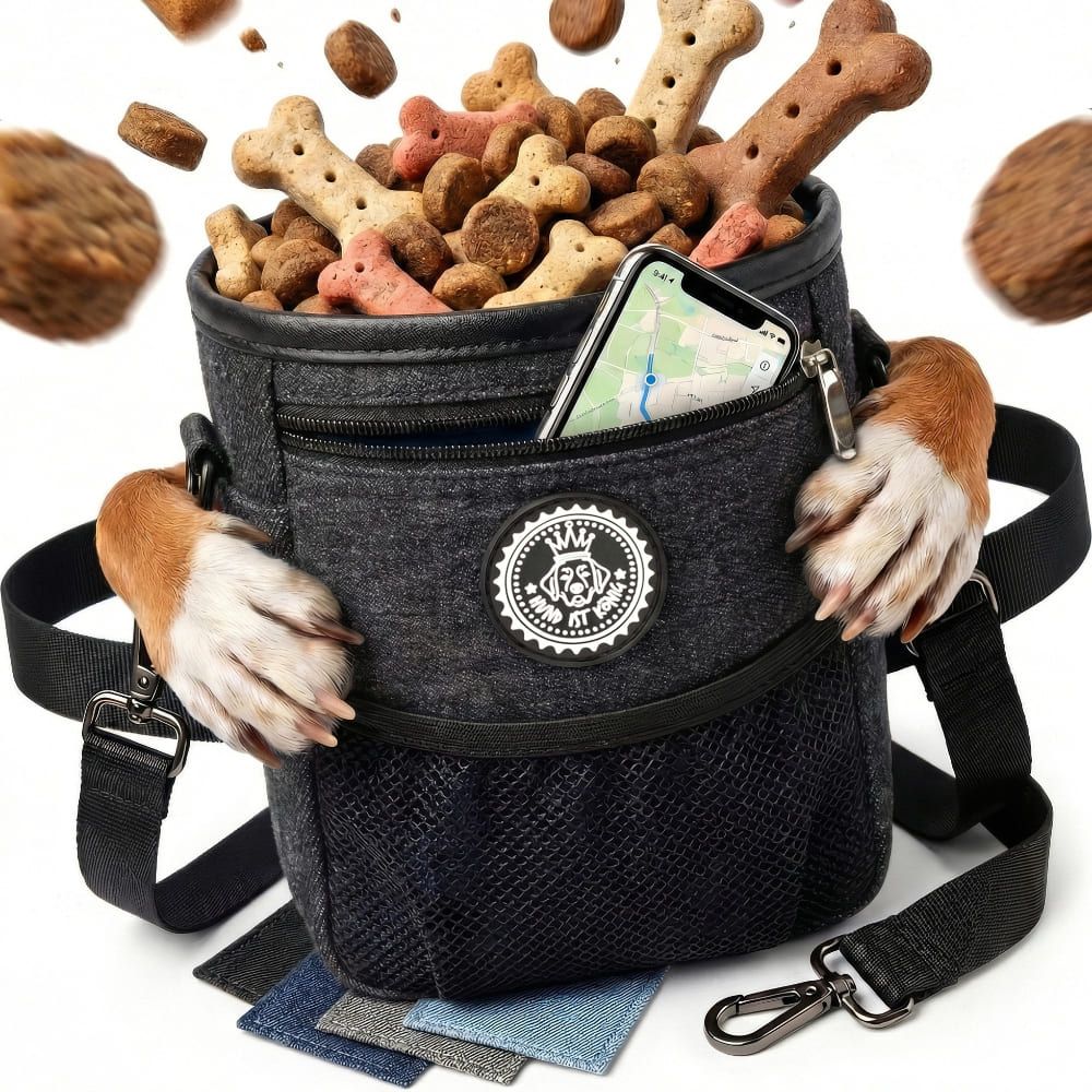 Schwarzer Leckerlibeutel mit Hundepfoten, gefüllt mit Hundesnacks und einem Smartphone. Mit Schultergurt und Logo.