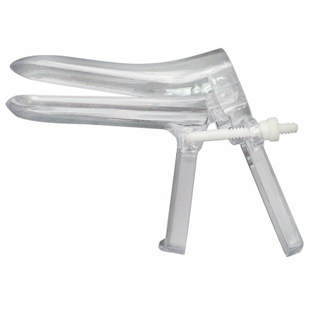 Medizinisches Instrument aus transparentem Kunststoff. Zwei flügelartige Teile, verbunden durch einen Schraubmechanismus. Perspektivische Ansicht.