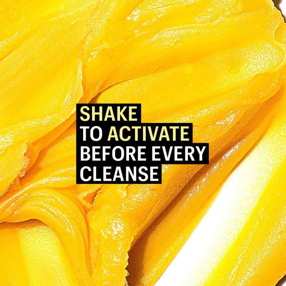 Text auf gelbem Hintergrund: SHAKE TO ACTIVATE BEFORE EVERY CLEANSE.