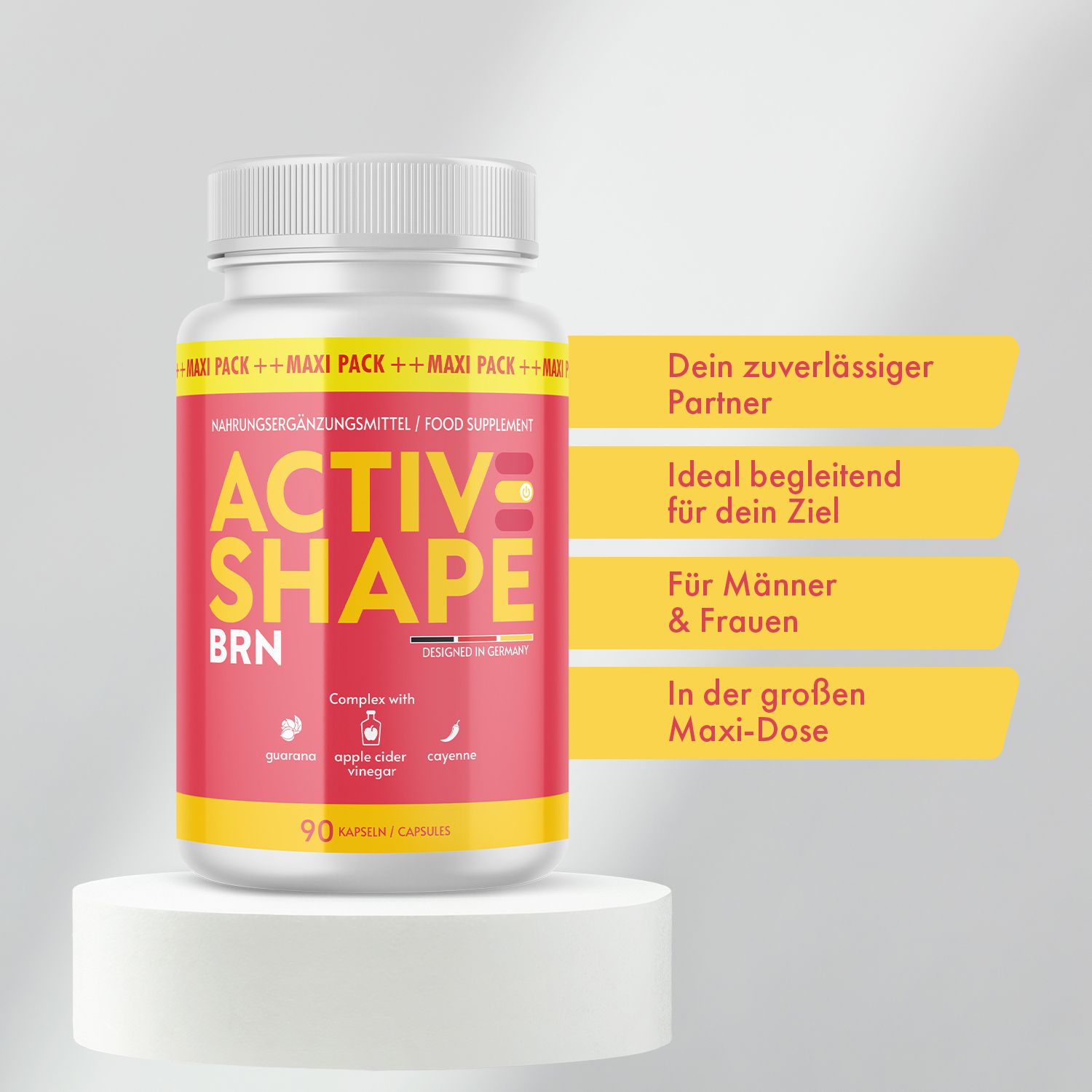 Rote Dose mit weißem Deckel. Aufschrift: ACTIVESHAPE BRN. Auf einem Podest. Text: Dein zuverlässiger Partner, Ideal für dein Ziel, Für Männer & Frauen.