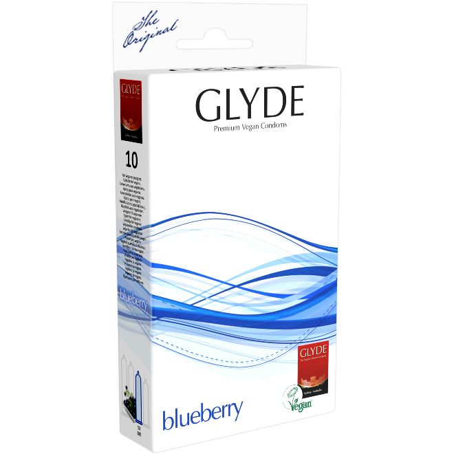 Weiße Verpackung mit "GLYDE"-Logo und "Premium Vegan Kondome". Aufschrift "10" und "blueberry". Vegan-Siegel.