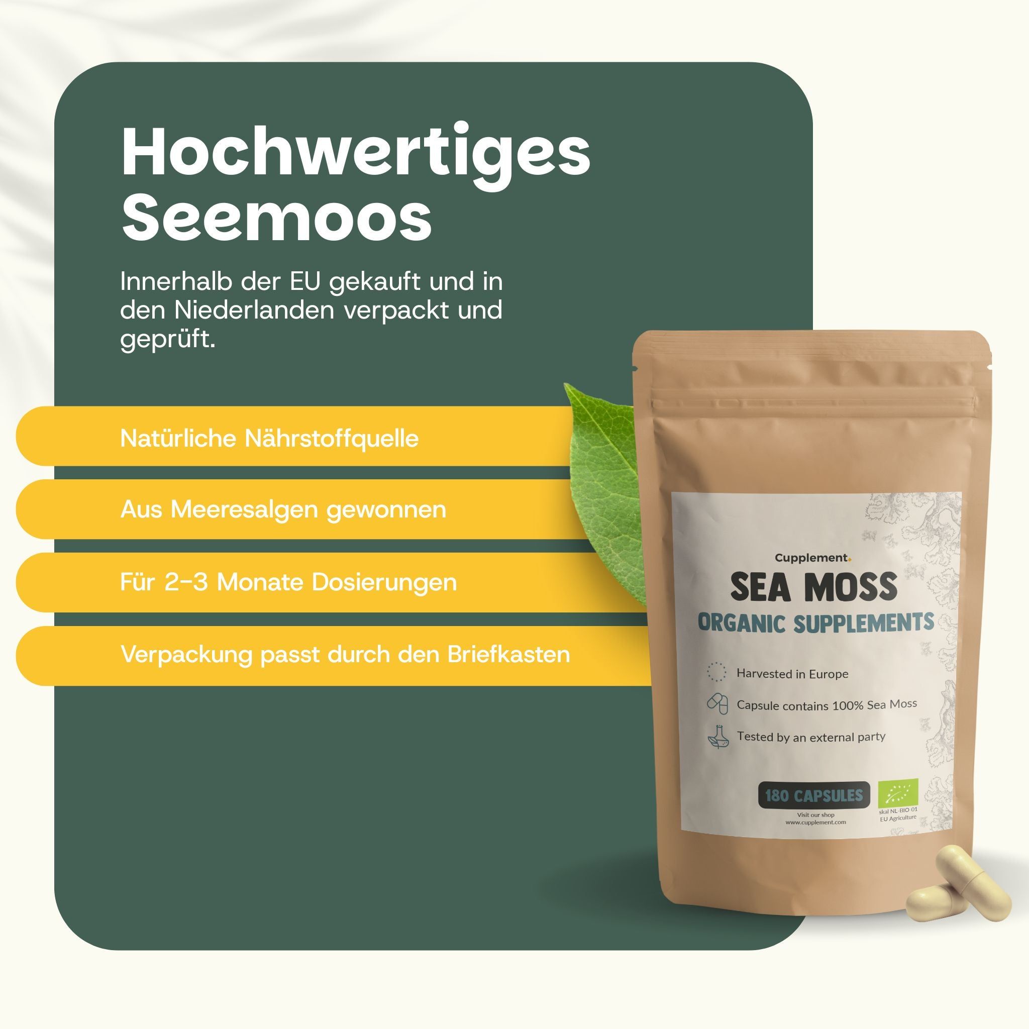 Braune Verpackung mit Sea Moss Organic Supplements. Text mit Informationen. Gelbe Balken.