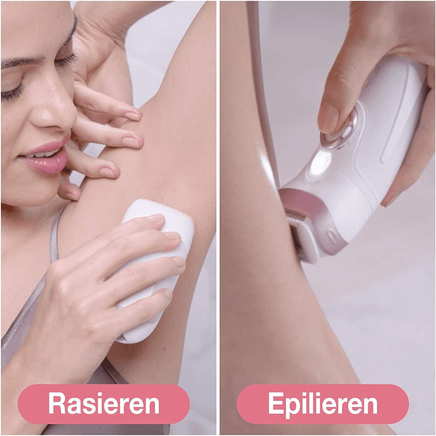 Zwei Bilder zeigen die Anwendung des Epilierers. Links: Rasieren unter den Achseln. Rechts: Epilieren unter den Achseln. Text: Rasieren, Epilieren.