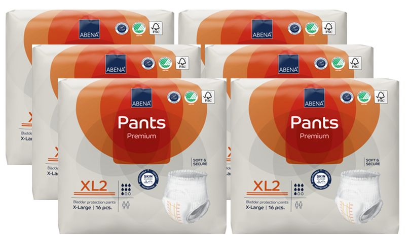 Mehrere Packungen Abena Pants Premium XL2. Verpackung mit orangefarbenem Design, Produktabbildung und Zertifizierungen. 16 Stück.