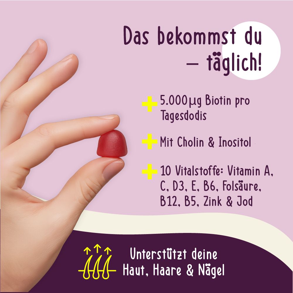 Hand hält eine rote Gummibärchen. Text: Das bekommst du - täglich! 5.000µg Biotin pro Tagesdosis, Mit Cholin & Inositol, 10 Vitalstoffe, Unterstützt deine Haut, Haare & Nägel.