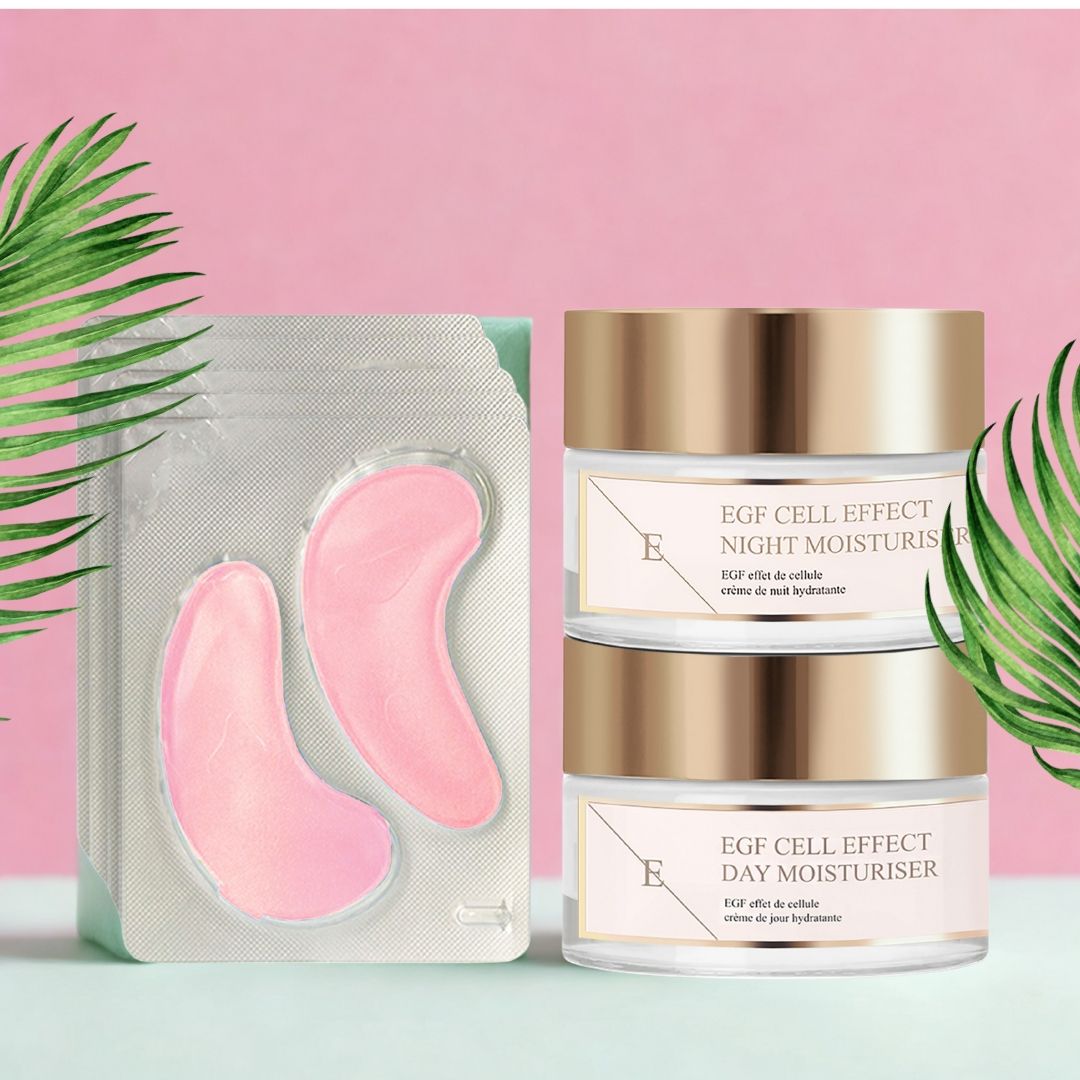 Tages- und Nachtcreme, Augenpads. Cremetiegel mit goldfarbenen Deckeln. Beschriftung: EGF Cell Effect.