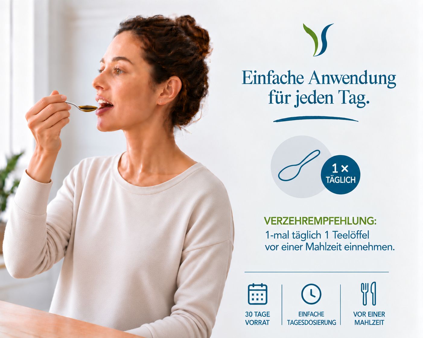 Frau nimmt einen Teelöffel Schwarzkümmelöl ein. Einfache Dosierung: 1x täglich.