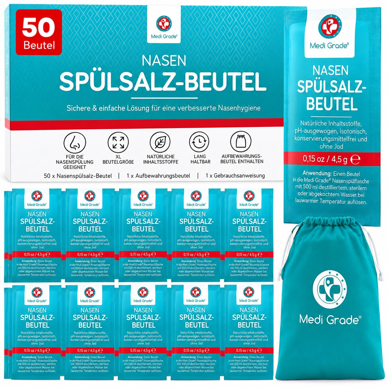Medi Grade Nasenspül-Salzbeutel, 50 Stück Packung.