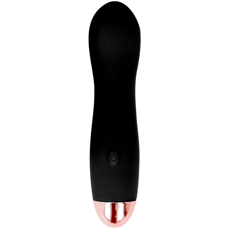 Schwarzer Silikon-Vibrator mit roségoldfarbenem Ende. Auf der Oberfläche befindet sich ein Ein-/Ausschalter.