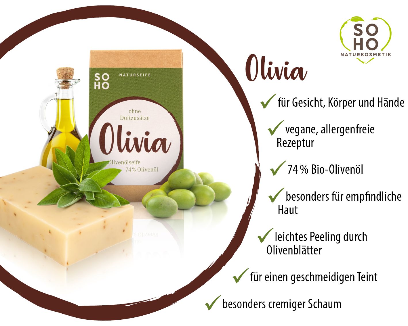OLIVIA Olivenölseife mit Oliven und Olivenöl. Rechteckige Seife, beige. Logo und Produktname. Grüne Blätter und Oliven daneben.