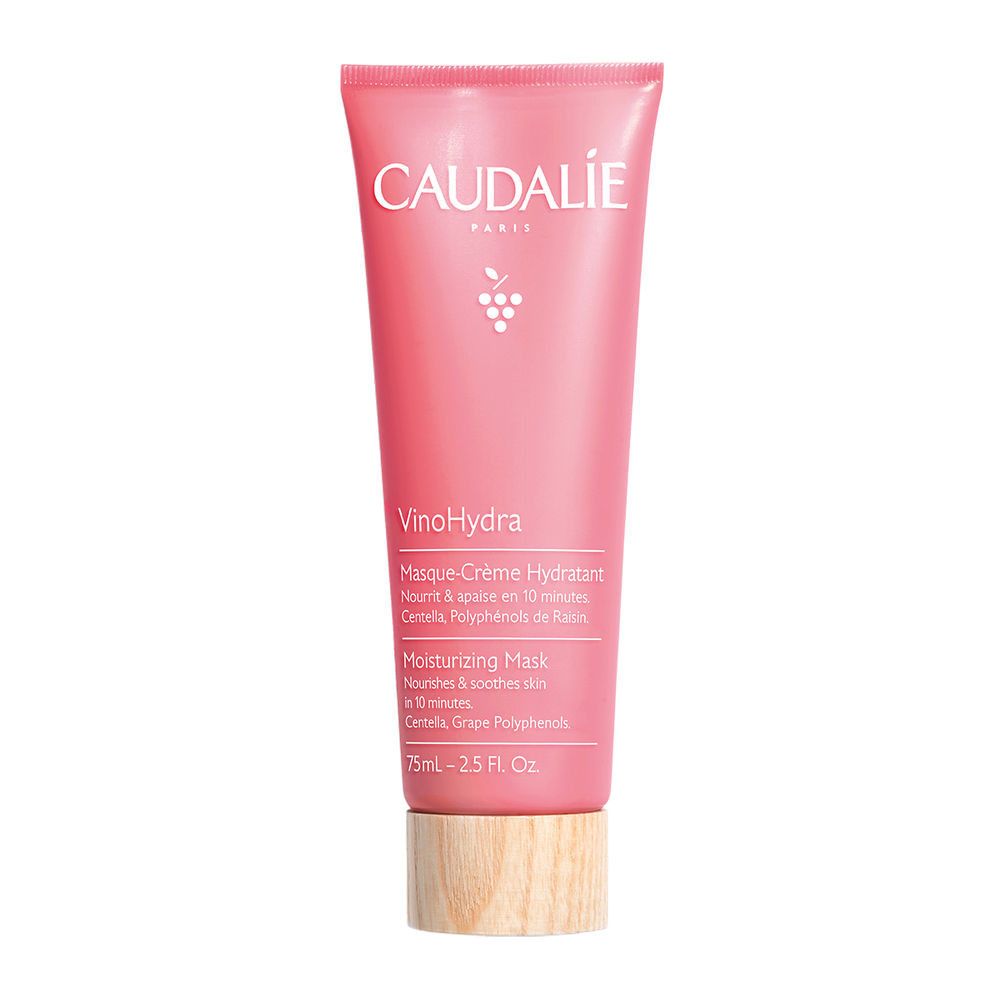 Rosa Tube mit weißer Schrift. Produktname: VinoHydra. Text: Masque-Crème Hydratant, Moisturizing Mask. Holzfarbener Deckel.