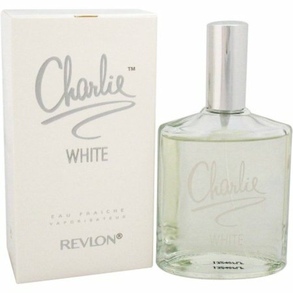 Flakon und Schachtel von Charlie White Eau Fraiche. Aufschrift: Charlie White, Revlon. Transparente Flüssigkeit. 125 ml.