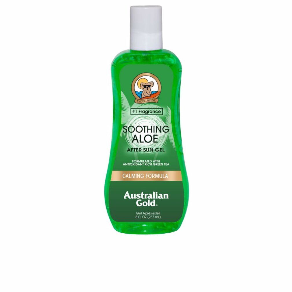 Grüne Flasche mit weißem Deckel. Aufschrift: Soothing Aloe After Sun Gel. Marke: Australian Gold. Enthält Grüntee-Extrakt.