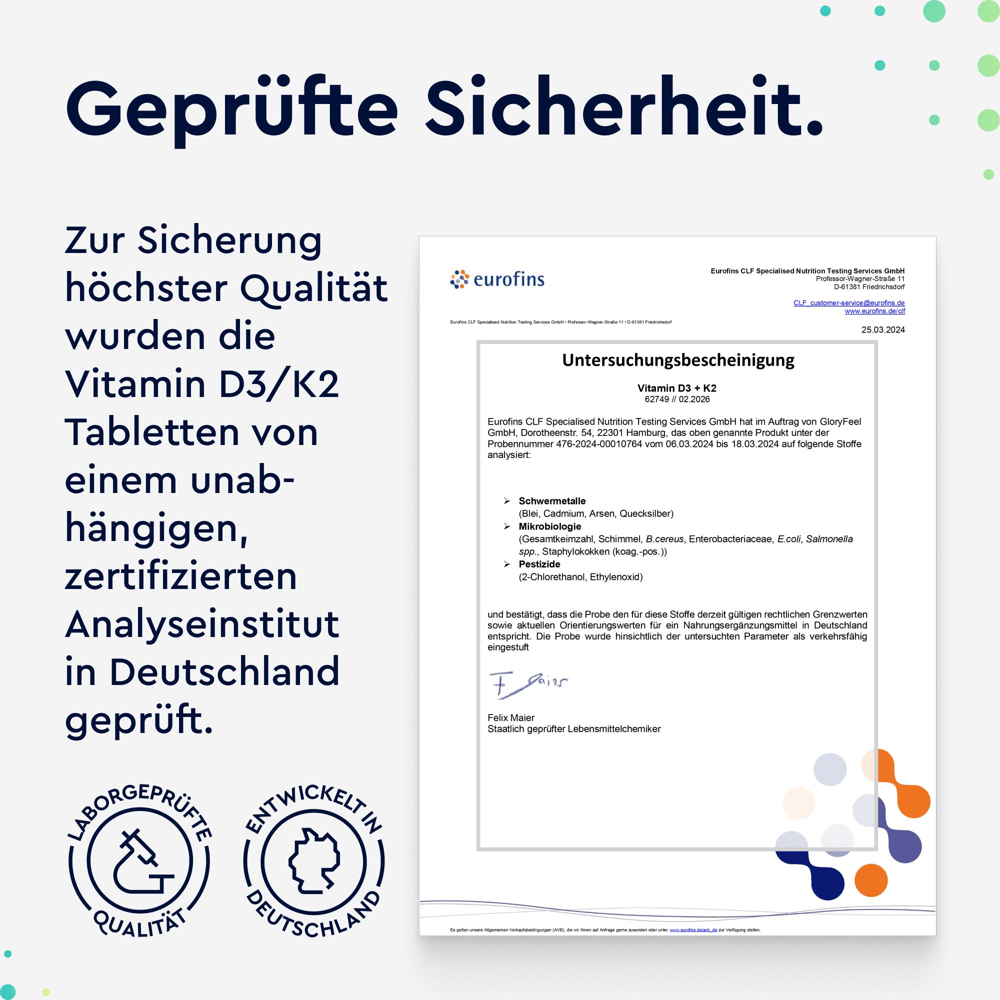 Geprüfte Sicherheit: Vitamin D3/K2 Tabletten geprüft von Eurofins, Deutschland.
