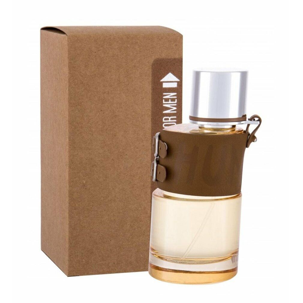 Parfümflasche mit brauner Lederhülle und Karton. Aufschrift: Hunter for Men. Marke: Armaf.