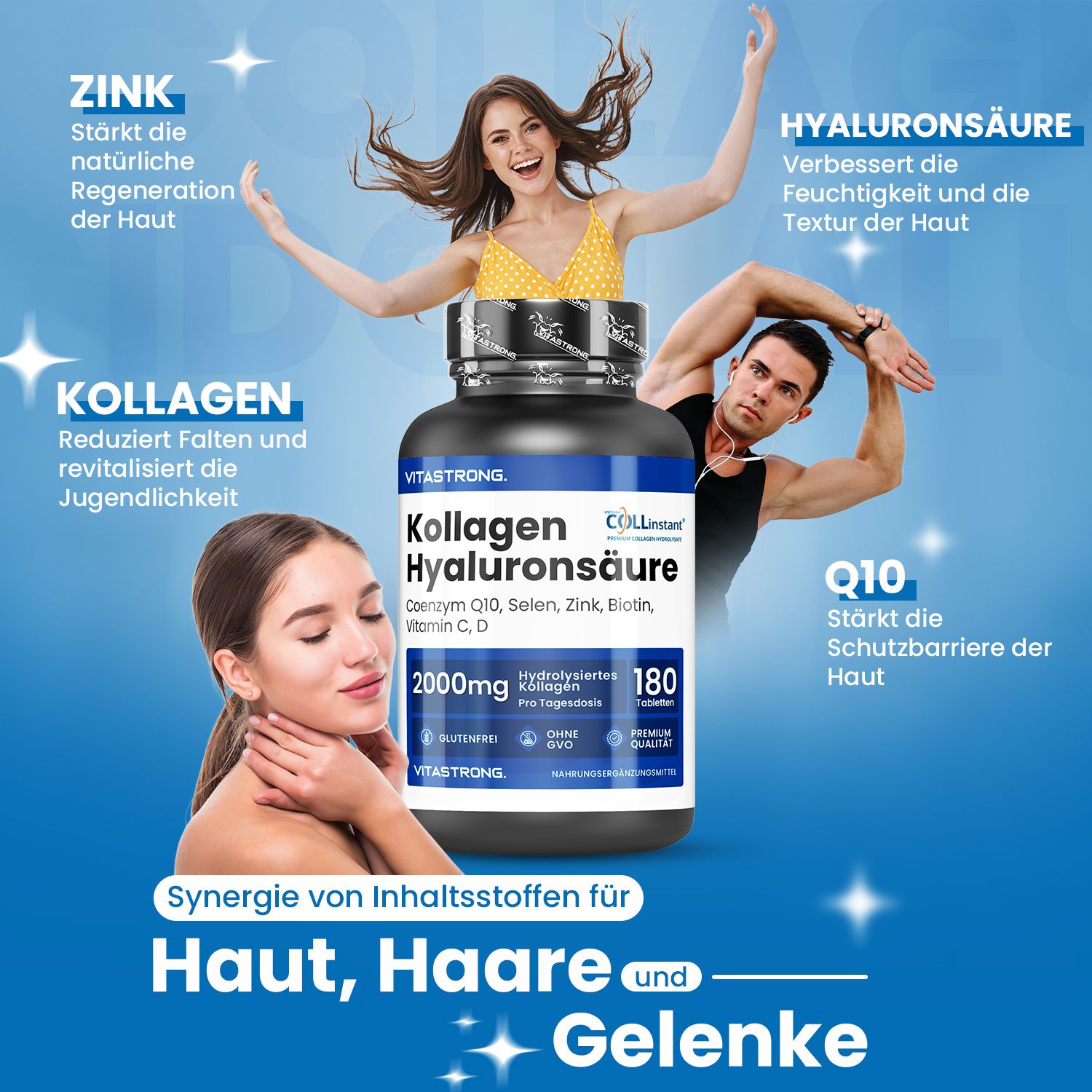 Vitastrong Kollagen + Hyaluronsäure. 180 Tabletten. Produkt mit Personen. Vorteile für Haut, Haare und Gelenke.