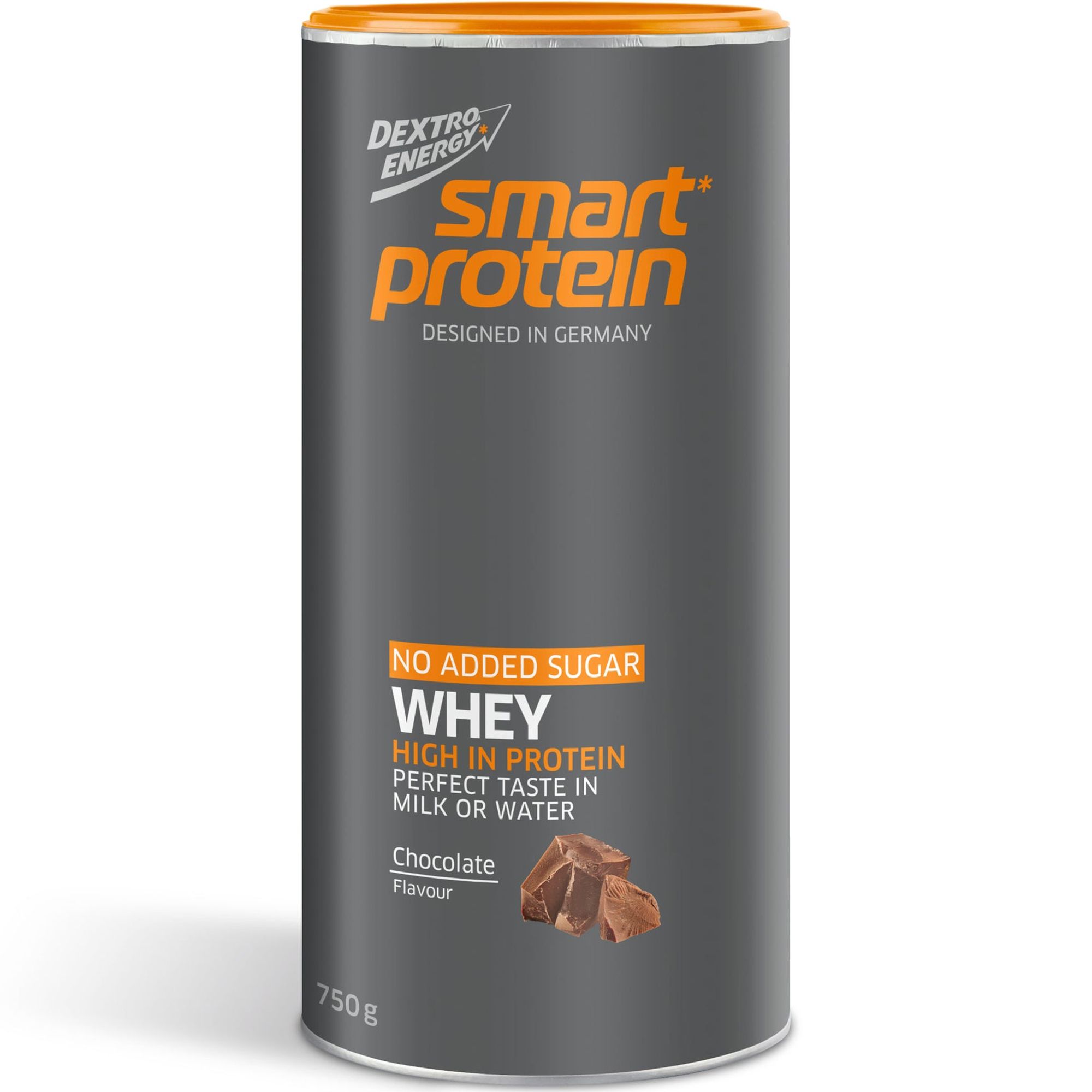 Zylinderförmige Dose mit DEXTRO ENERGY Smart Protein Whey. Aufschrift: Whey, High in Protein, Chocolate. 750g.